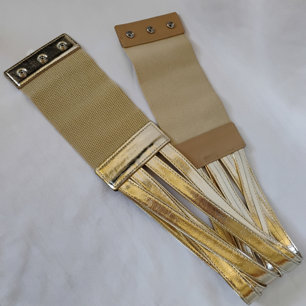 Women's Wide Stretchy Shiny Gold & Tan Cinch Waist Belt Back Straps Snap Buckle